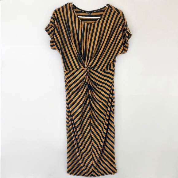 NEW HAUTE MONDE SEXY YELLOW BLACK STRIPED MIDI DRESS SZ MED ROCKABILLY PINUP - Picture 6 of 10